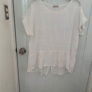 White Eyelet Hem Linen Blend Women's Top